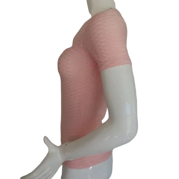 BEBE Top, S, Pink Textured Activewear, Rhinestone LOGO, Keyhole, Short sleeves - Picture 6 of 12